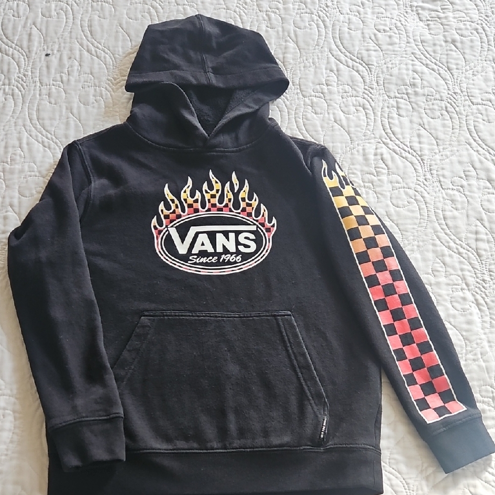 Vans Black Hoodie with Flame and Checkered Design